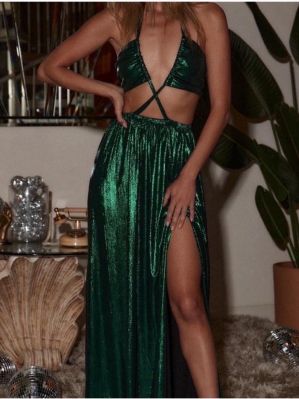 12th Tribe Amelie Emerald Metallic Halter Maxi Dress Size S